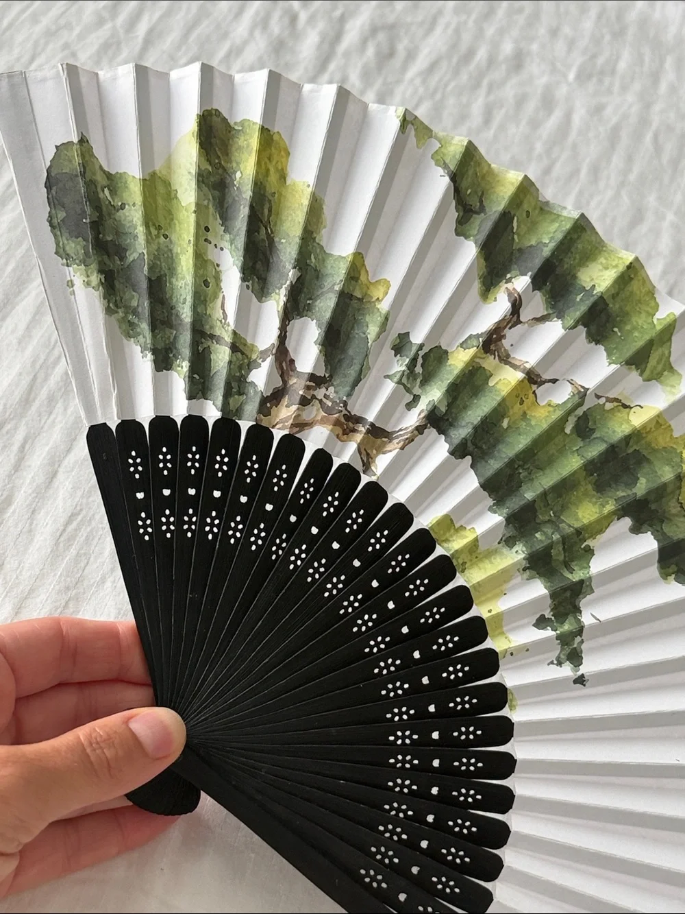 Foldable Hand Fan with Green Tree Design Vintage